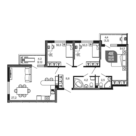 3 комнатная 83.4м²