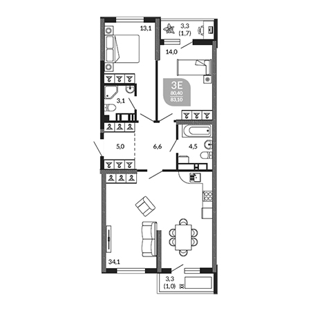 2 комнатная 83.1м²