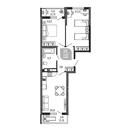 2 комнатная 64.8м²