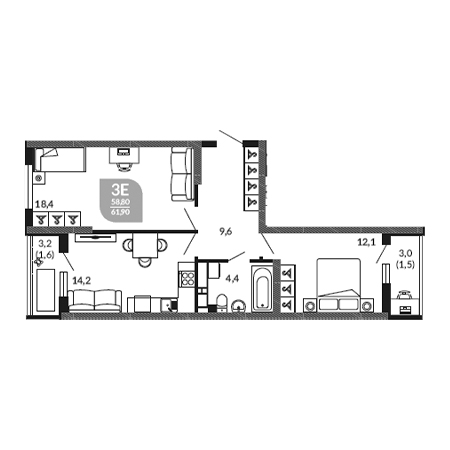 2 комнатная 61.9м²