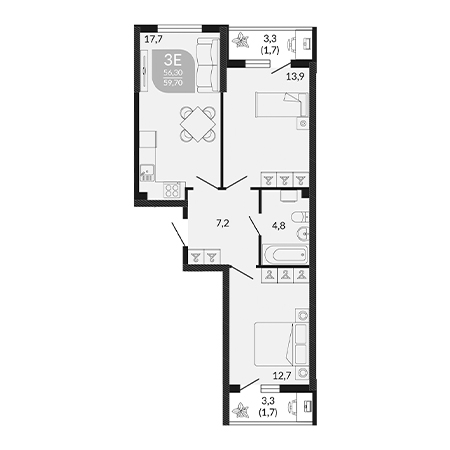 2 комнатная 59.7м²