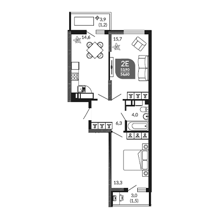 2 комнатная 56.6м²