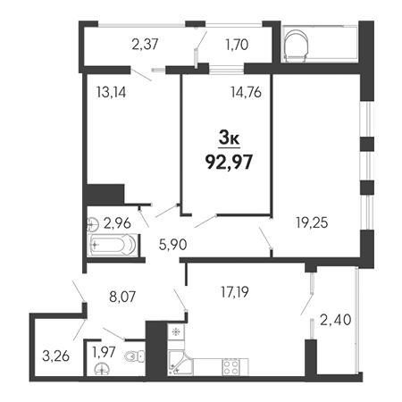 3 комнатная 92.97м²