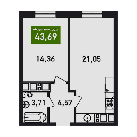 1 комнатная 43.69м²