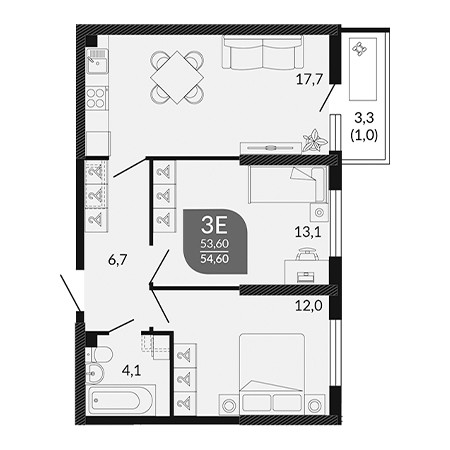 2 комнатная 54.6м²