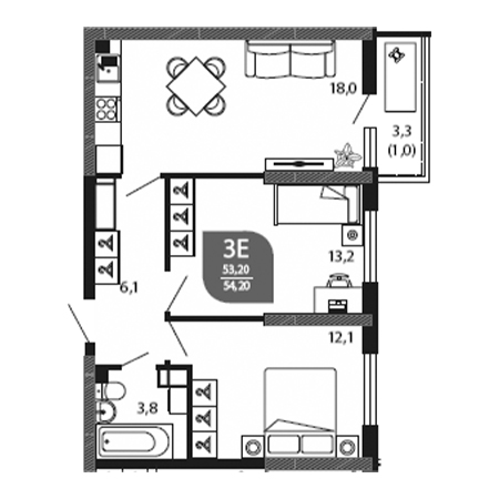 2 комнатная 54.2м²