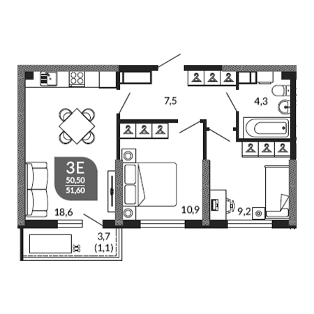 2 комнатная 51.6м²