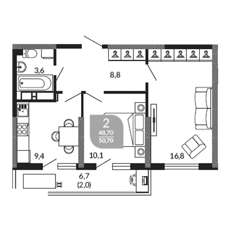 2 комнатная 50.7м²