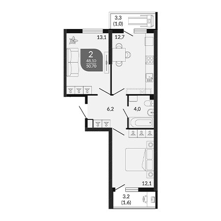 2 комнатная 50.7м²