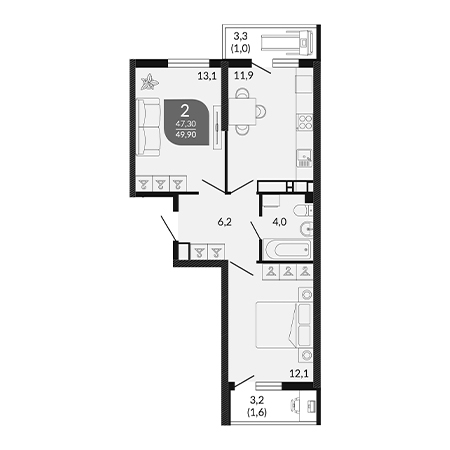 2 комнатная 49.9м²