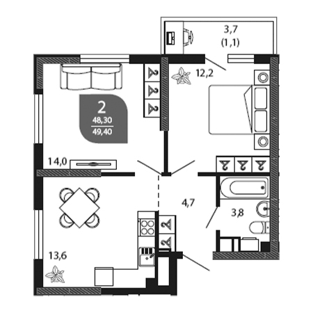 2 комнатная 49.4м²