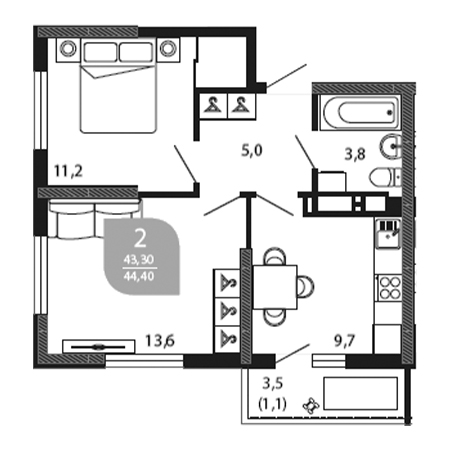 2 комнатная 44.4м²