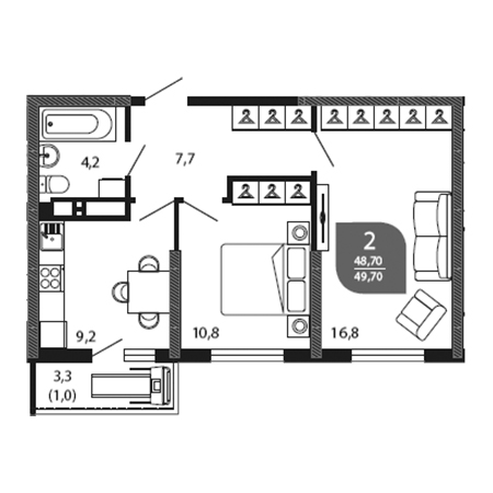 2 комнатная 49.7м²