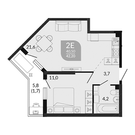 1 комнатная 42.2м²