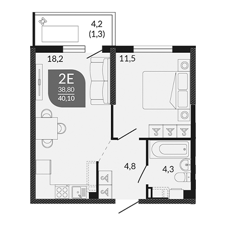 1 комнатная 40.1м²