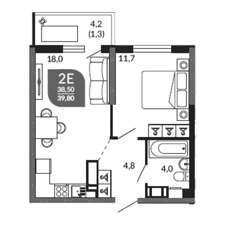 1 комнатная 39.8м²