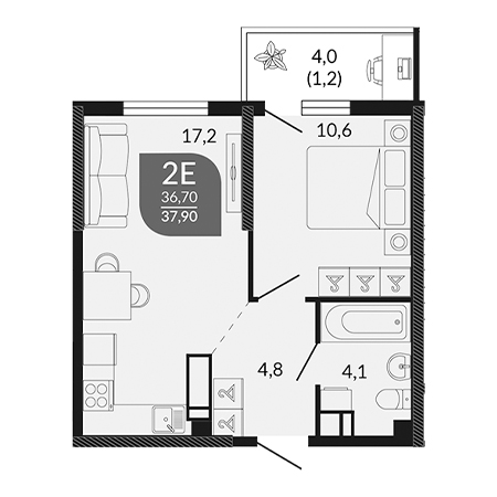 1 комнатная 37.9м²