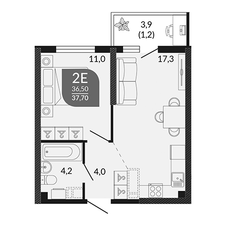 1 комнатная 37.7м²