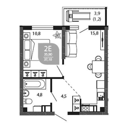 1 комнатная 37.1м²