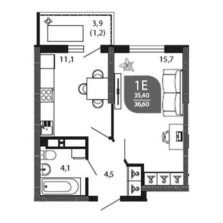 1 комнатная 36.6м²