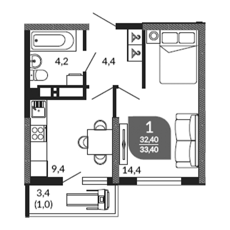 1 комнатная 33.4м²