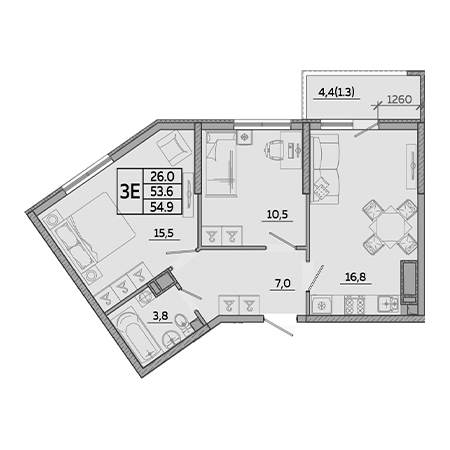 2 комнатная 54.9м²