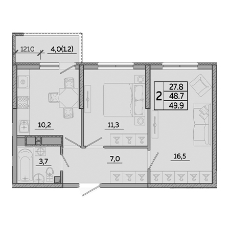 2 комнатная 49.9м²