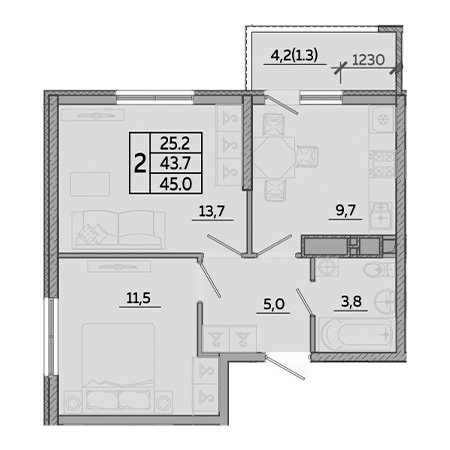 2 комнатная 45м²