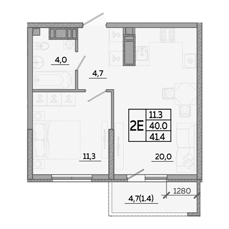 1 комнатная 41.4м²