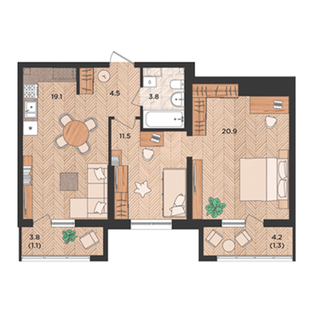 2 комнатная 62.2м²