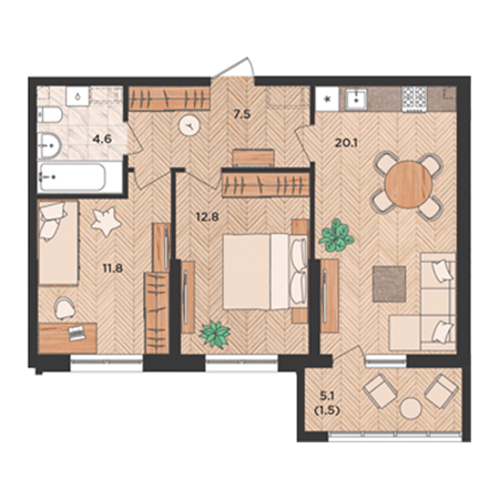 2 комнатная 58.3м²