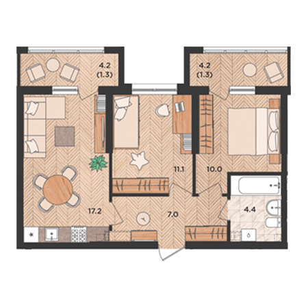 2 комнатная 52.3м²