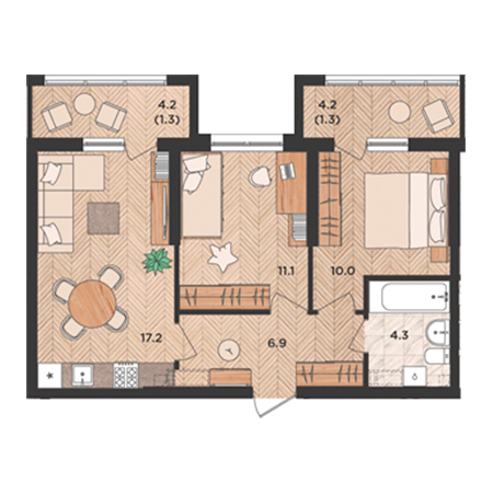 2 комнатная 52.1м²