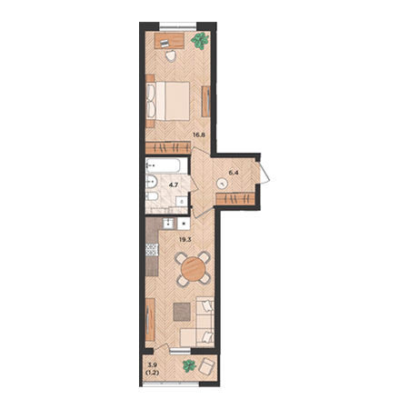 1 комнатная 48.4м²