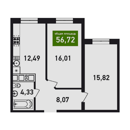 2 комнатная 56.72м²