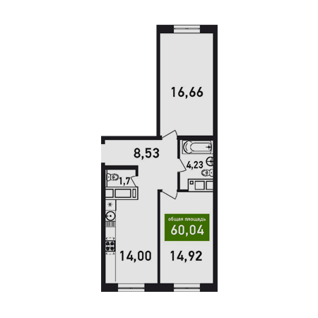 2 комнатная 60.04м²