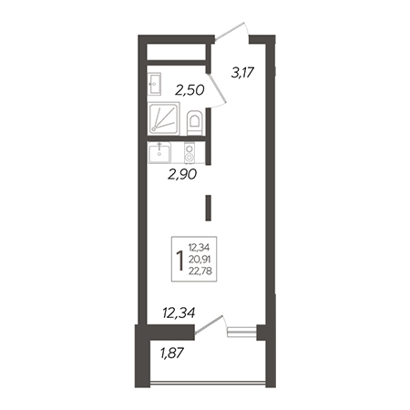 Студия 22.78м²