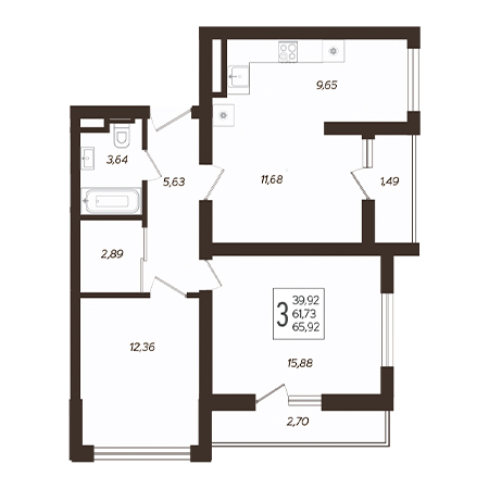 3 комнатная 65.92м²