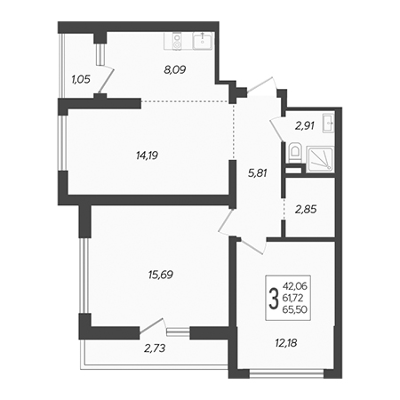 3 комнатная 65.5м²