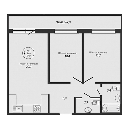 2 комнатная 57.8м²