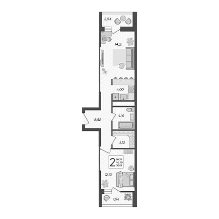 2 комнатная 50.68м²