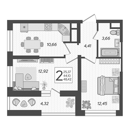 2 комнатная 48.42м²