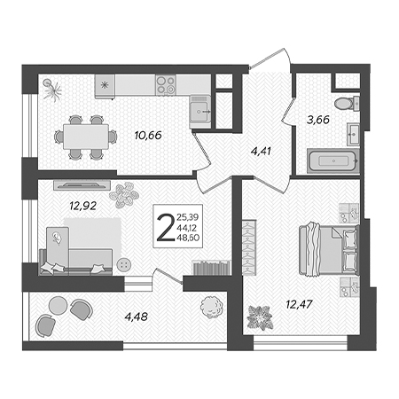 2 комнатная 48.6м²