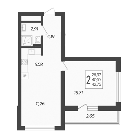 2 комнатная 42.75м²