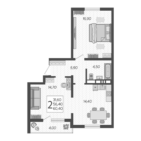 2 комнатная 60.4м²