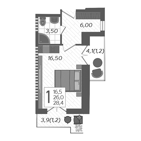 Студия 28.4м²