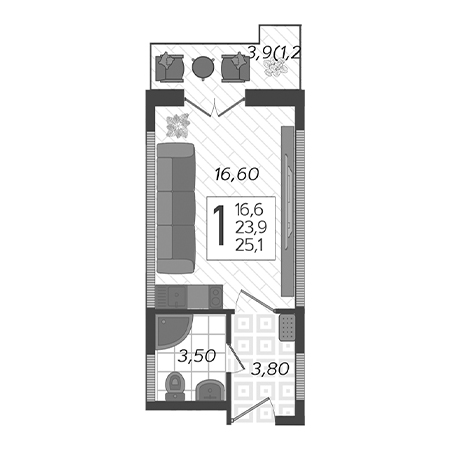 Студия 25.1м²