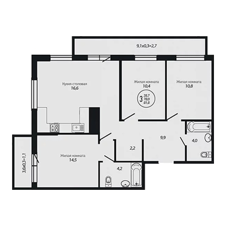 3 комнатная 81.8м²