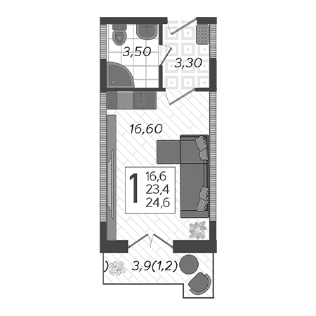 Студия 24.6м²