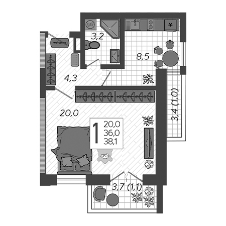 1 комнатная 38.1м²